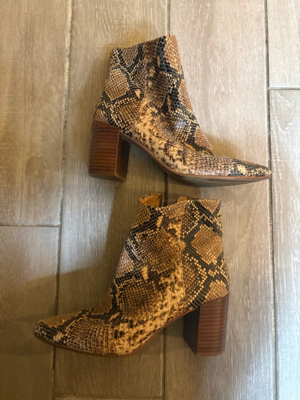 Madewell Tan & Black Snake-Print Block Heel Ankle Boots